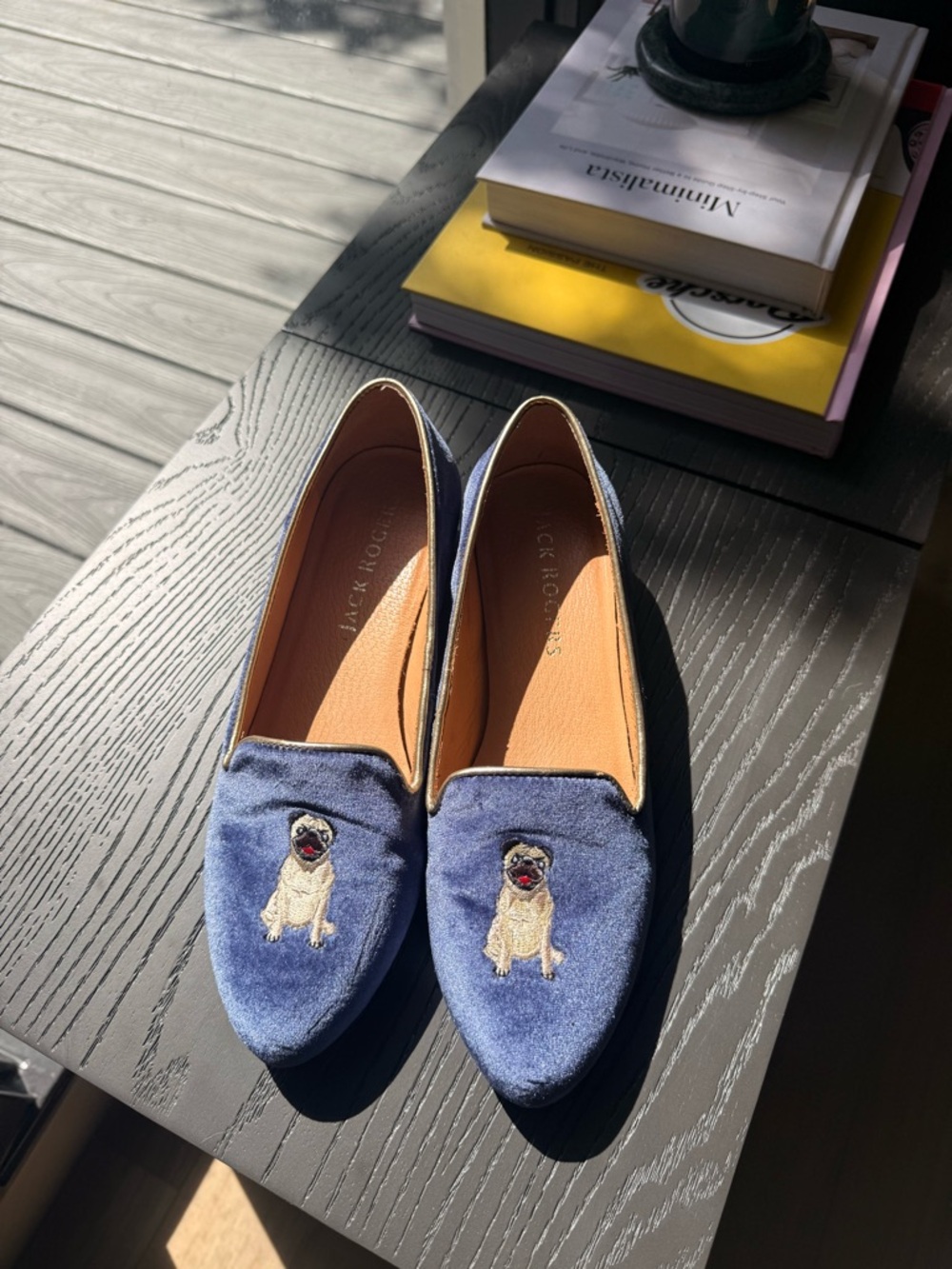 Blue Velvet Loafers with Embroidered Pug